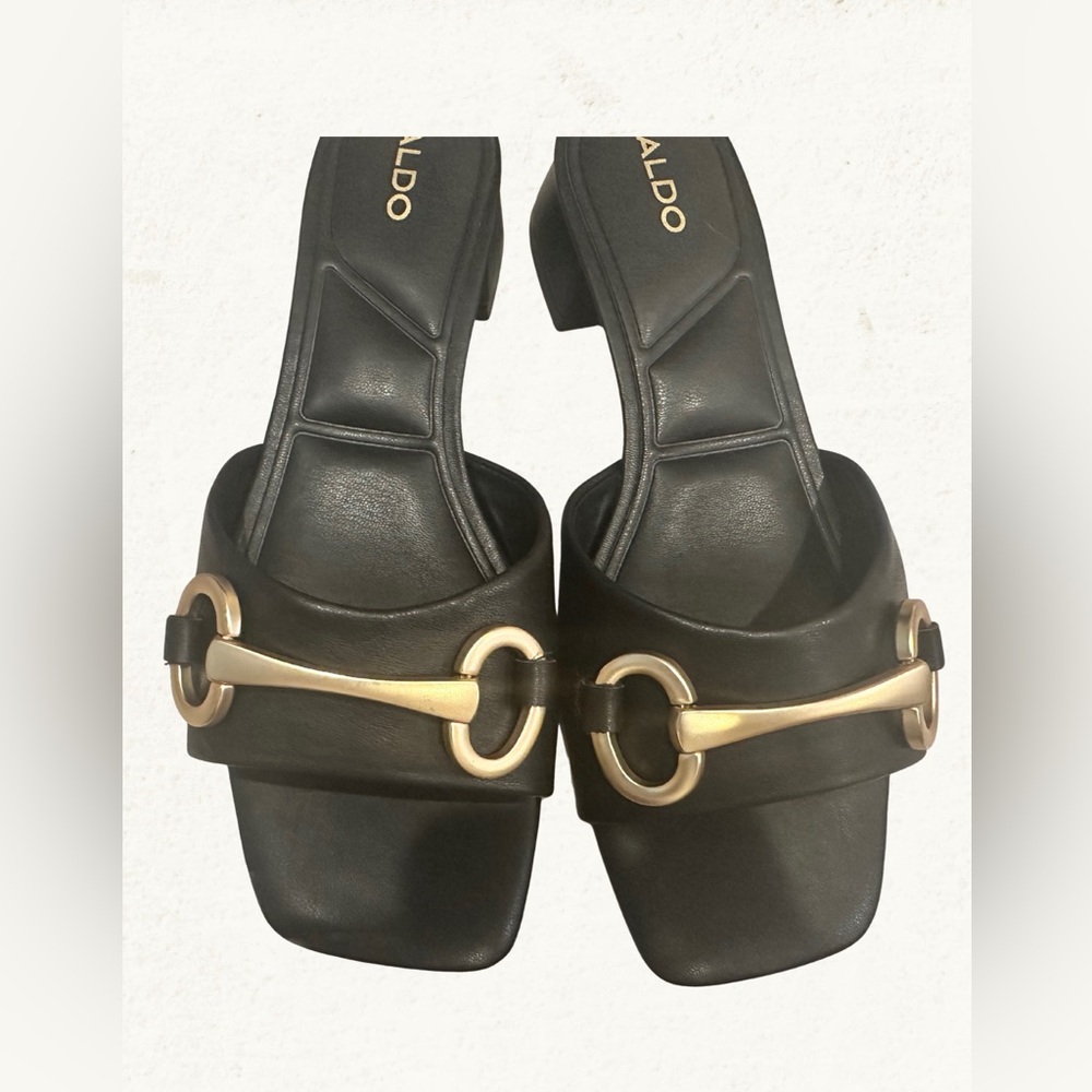 Aldo Black Mules with Gold Detail